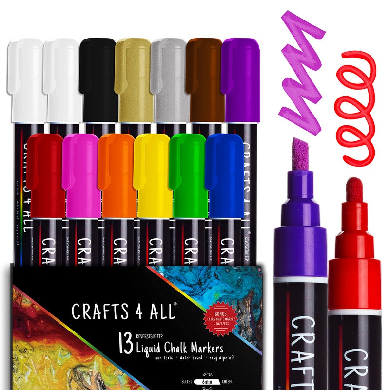 Crafts 4 All Liquid Chalk Markers for Blackboard Signs, Bistro Menu, Car Window Glass - Dry Erase, Washable - 13 Colored Chalk Pens w/Reversible Tips & Tweezers - Bonus White Chalkboard Marker - Image 1